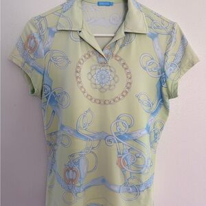 J. McLaughlin Light Green and Blue Patterned Short Sleeve Top